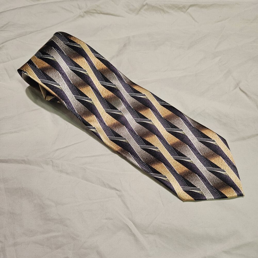 Pierre Cardin Mens Tie 100% Silk Geometric Print Navy Green Gold Gradient